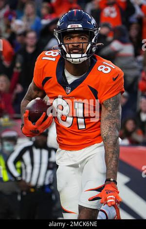 Denver Broncos wide receiver Tim Patrick (81) celebrates a touchdown  against the Cincinnati Bengals in the first half of an NFL football game  Sunday, Dec 19, 2021, in Denver. (AP Photo/Bart Young