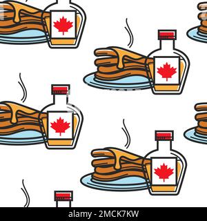 Canadian breakfast pancake with maple syrup bottle seamless pattern vector hot dish bakery or pastry on plate herb jam in container cuisine and cookin Stock Vector