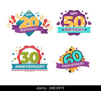 Greeting birthday and anniversary isolated icons vector fireworks and hearts confetti festive stickers with dates and wishes numbers and lettering cel Stock Vector