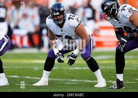 Baltimore Ravens guard Ben Powers (72) takes to the field before an NFL  football game between the Miami Dolphins and the Baltimore Ravens, Sunday,  Sept. 18, 2022, in Baltimore. (AP Photo/Nick Wass