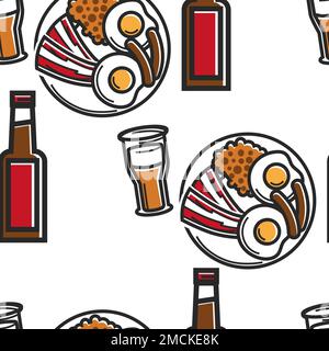 England symbols seamless pattern beer and English breakfast vector drink and food bacon with fried eggs and sausages endless texture alcohol beverage Stock Vector