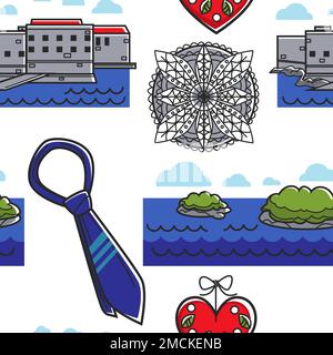 Architecture and nature Croatia symbols seamless pattern tie and window ornament vector building and islands glass decor clothes and heart endless tex Stock Vector