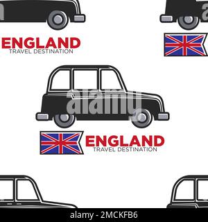 London symbol English cab and national flag seamless pattern car or taxi vector England travel destination transport and retro vehicle endless texture Stock Vector