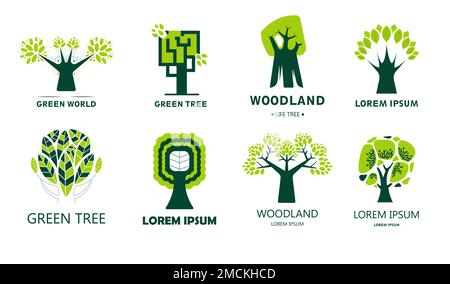 Ecology and environment woodland and green tree isolated icon plant vector planting and maintaining forests greenery growing saving Earth emblem or lo Stock Vector
