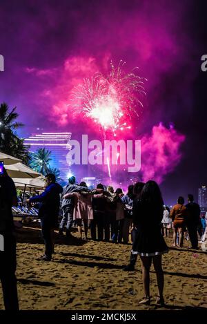 Nha Trang, Vietnam - 22 January 2023: Fireworks in Chinese New year (tet) in Vietnam in the beach Stock Photo