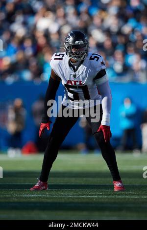 Atlanta Falcons linebacker Brandon Copeland (51) lines up on defense during  an NFL football game against the Carolina Panthers, Sunday, Dec. 12, 2021,  in Charlotte, N.C. (AP Photo/Brian Westerholt Stock Photo - Alamy