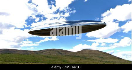 Snap of the UFO flying in the sky in the above the hilly landscape. Suitable illustration for the scientific magazines. 3d rendering. Stock Photo