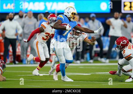 Los Angeles Chargers kick returner Andre Roberts returns the kickoff during  the first half of an NFL football game against the Kansas City Chiefs  Thursday, Dec. 16, 2021, in Inglewood, Calif. (AP