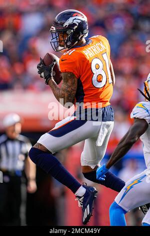 September 19, 2021 - Jacksonville, FL, U.S: Denver Broncos wide receiver  Tim Patrick (81) catches the ball for a touchdown during 1st half NFL  football game between the DenverBroncos and the Jacksonville