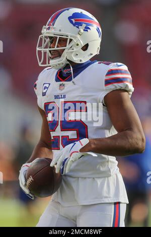 Buffalo Bills running back Taiwan Jones (25) stands for the National Anthem  before playing against the New York Jets in an NFL football game, Sunday,  Dec. 11, 2022, in Orchard Park, N.Y.