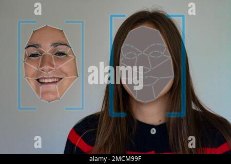 Deepfake concept matching facial movements with a different face of another woman in a photo. Face swapping or impersonation. Stock Photo