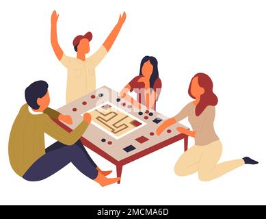 Board game family playing at table isolated characters Stock Vector