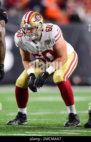 San Francisco 49ers guard Laken Tomlinson (75) sets up for a play during  the first half of an NFL football game against the Jacksonville Jaguars,  Sunday, Nov. 21, 2021, in Jacksonville, Fla. (