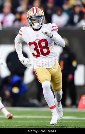 San Francisco 49ers cornerback Deommodore Lenoir (38) reacts after a play  during an NFL divisional round playoff football game against the Dallas  Cowboys, Sunday, Jan. 22, 2023, in Santa Clara, Calif. (AP