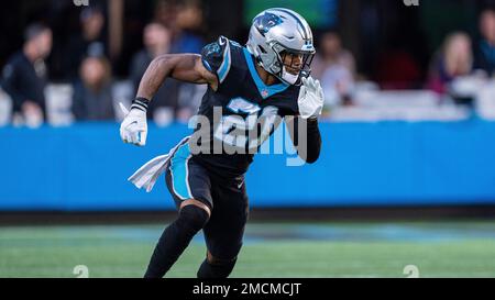 Carolina Panthers safety Jeremy Chinn plays against the New England Patriots  during the second half of an NFL football game Sunday, Nov. 7, 2021, in  Charlotte, N.C. (AP Photo/Jacob Kupferman Stock Photo 