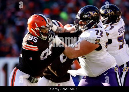 Baltimore Ravens guard Ben Powers (72), guard Kevin Zeitler (70) and center  Tyler Linderbaum (64) during the first half of an NFL football game against  the New England Patriots, Sunday, Sept. 25