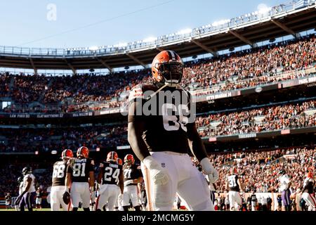 Cleveland Browns offensive tackle James Hudson III (66) walks back to the  line of scrimmage during