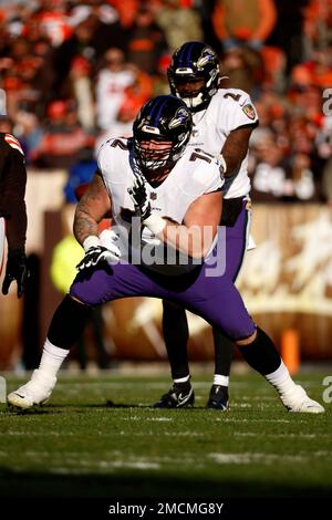 Baltimore Ravens guard Ben Powers (72) takes to the field before an NFL  football game between the Miami Dolphins and the Baltimore Ravens, Sunday,  Sept. 18, 2022, in Baltimore. (AP Photo/Nick Wass