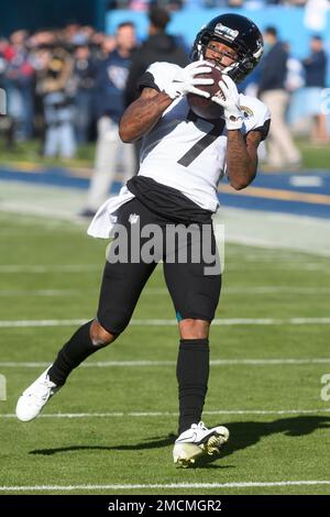 November 14, 2021: Jacksonville Jaguars wide receiver Tavon Austin (7) and  Indianapolis Colts running back Nyheim Hines (21) hug during pregame of NFL  football game action between the Jacksonville Jaguars and the