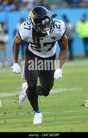 Jacksonville Jaguars cornerback Chris Claybrooks (6) runs off the field  during an NFL football game against the Las Vegas Raiders on Sunday, Nov.  6, 2022, in Jacksonville, Fla. (AP Photo/Gary McCullough Stock