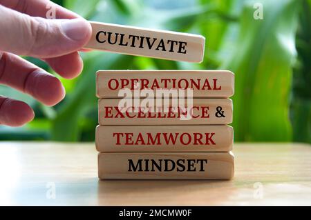 Cultivate operational excellence and teamwork mindset text on wooden blocks with blurred nature background. Stock Photo