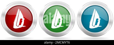 Iron vector icon set. Red, blue and green silver metallic web buttons with chrome border Stock Vector