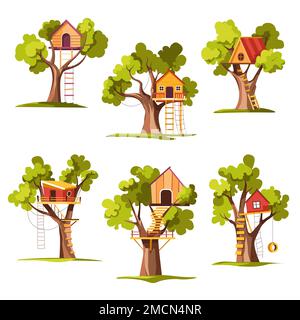 House on tree childish playground or backyard ladder and swing Stock Vector