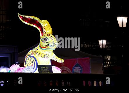 London, UK. 21st Jan, 2023. This photo taken on Jan. 21, 2023 shows a large lantern celebrating the Year of the Rabbit on the eve of the Chinese New Year at Trafalgar Square in London, Britain. Credit: Li Ying/Xinhua/Alamy Live News Stock Photo