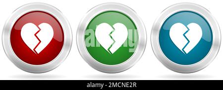 Broken heart vector icon set. Red, blue and green silver metallic web buttons with chrome border Stock Vector