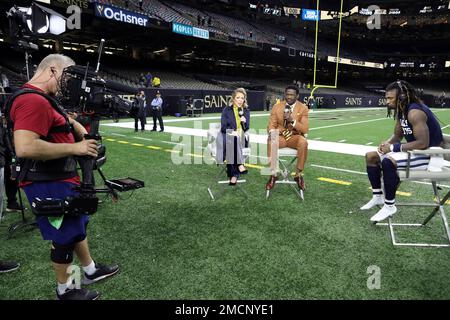 NFLN TNF broadcasters Colleen Wolfe, Steve Smith, Joe Thomas, and Michael  Irvin are seen on the Game Day Kickoff set before an NFL football game  between the New Orleans Saints and the