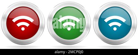 Wireless vector icon set. Red, blue and green silver metallic web buttons with chrome border Stock Vector