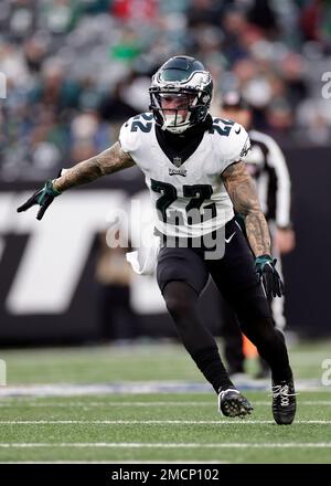 Philadelphia Eagles free safety Marcus Epps (22) walks off the field after  an NFL football game against the New York Giants, Sunday, Nov. 28, 2021, in  East Rutherford, N.J. (AP Photo/Adam Hunger