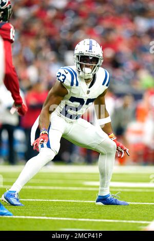 Indianapolis Colts cornerback Kenny Moore II (23) wears the name of  Kendrick Johnson, on his helmet bumper before an NFL football game against  the Houston Texans in Indianapolis, Sunday, Dec. 20, 2020. (