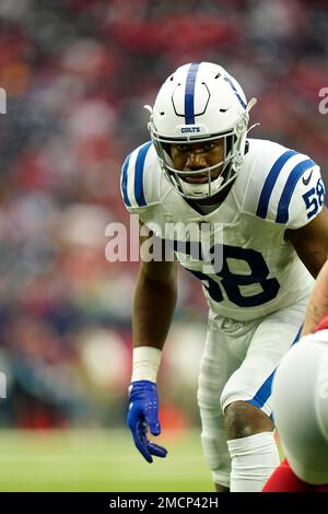 Indianapolis Colts linebacker Bobby Okereke (58) lines up on defense during  an NFL football game against the Washington Commanders, Sunday, Oct. 30,  2022, in Indianapolis. (AP Photo/Zach Bolinger Stock Photo - Alamy