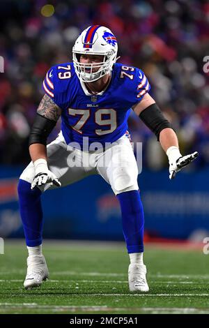 Buffalo Bills tackle Spencer Brown blocks during the second half of an NFL  football game against the New England Patriots in Orchard Park, N.Y.,  Monday, Dec. 6, 2021. (AP Photo/Adrian Kraus Stock