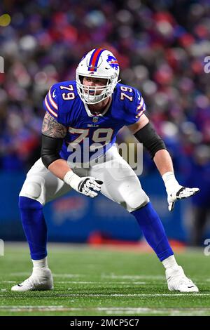 Buffalo Bills tackle Spencer Brown (79) looks to block during the second  half an NFL football game against the Tennessee Titans in Orchard Park,  N.Y., Monday, Sept. 19, 2022. (AP Photo/Adrian Kraus