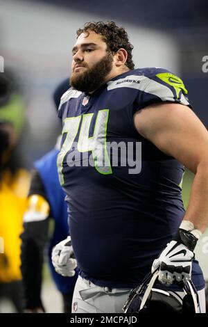 Seattle Seahawks offensive tackle Jake Curhan (74) goes for a block during  an NFL pre-season football game against the Minnesota Vikings, Thursday,  Aug. 10, 2023 in Seattle. (AP Photo/Ben VanHouten Stock Photo 