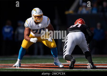 Tackle (70) Rashawn Slater of the Los Angeles Chargers blocks