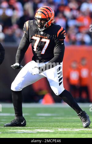 Cincinnati Bengals guard Hakeem Adeniji (77) runs onto the field in the  second half of an NFL football game against the Cleveland Browns, Sunday,  Jan. 9, 2022, in Cleveland. (AP Photo/Nick Cammett