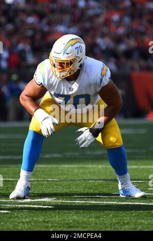 Tackle (70) Rashawn Slater of the Los Angeles Chargers blocks against the  Las Vegas Raiders in