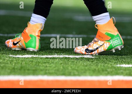 A detailed view of the My Cause My Cleats shoes of Cincinnati Bengals  quarterback Joe Burrow (9) during warm ups before an NFL football game  against the Los Angeles Chargers, Sunday, Dec.