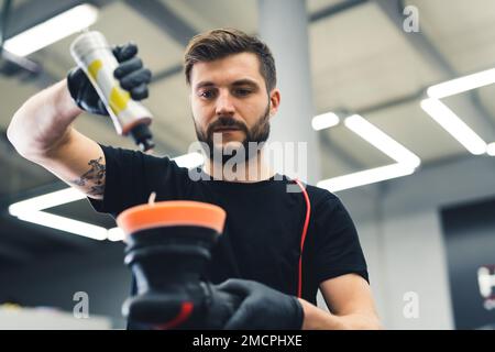Process of car detailing by hand polisher, polishing the car in the studio,  car care concept Stock Photo - Alamy