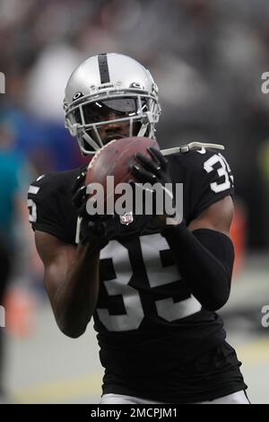 Las Vegas Raiders cornerback Brandon Facyson (35) runs a pass rout against  the Las Vegas Raiders during an NFL Professional Football Game Sunday, Nov.  14, 2021, in Las Vegas. (AP Photo/John McCoy