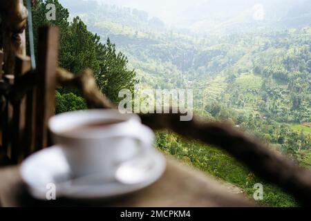 Cup of Ceylon tea with view on green hills with tea plantations in Sri Lanka, Asia Stock Photo