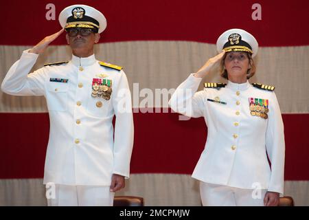 GROTON, Conn. (NNS) (July 8, 2022) Rear Adm. Guido Valdes, Commander of Naval Medical Forces Pacific and Capt. Katharine Shobe, former commander, Naval Submarine Medical Research Laboratory (NSMRL) take part in the NSMRL change of command ceremony. During the ceremony, Shobe was relieved of command by Capt. Matthew Jamerson. Stock Photo