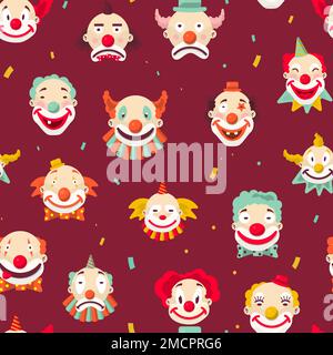 Circus clowns faces seamless pattern jokers with makeup Stock Vector