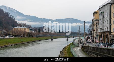 Salzach River runs through Salzburg, Austria Stock Photo