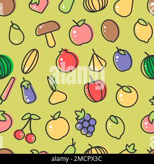 Fruit and berry mushrooms and vegetables seamless pattern farm food Stock Vector