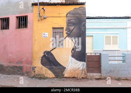 Scenic wall mural on a wall of a building in poor neighbourhoods of Praia town Santiago island, Cabo verde Stock Photo