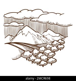 Set mountain peaks in the clouds Hand drawn sketch landscape with hills  and clouds Vector illustration isolated on white background Design  element for logo poster card emblem Stock Vector Image  Art 